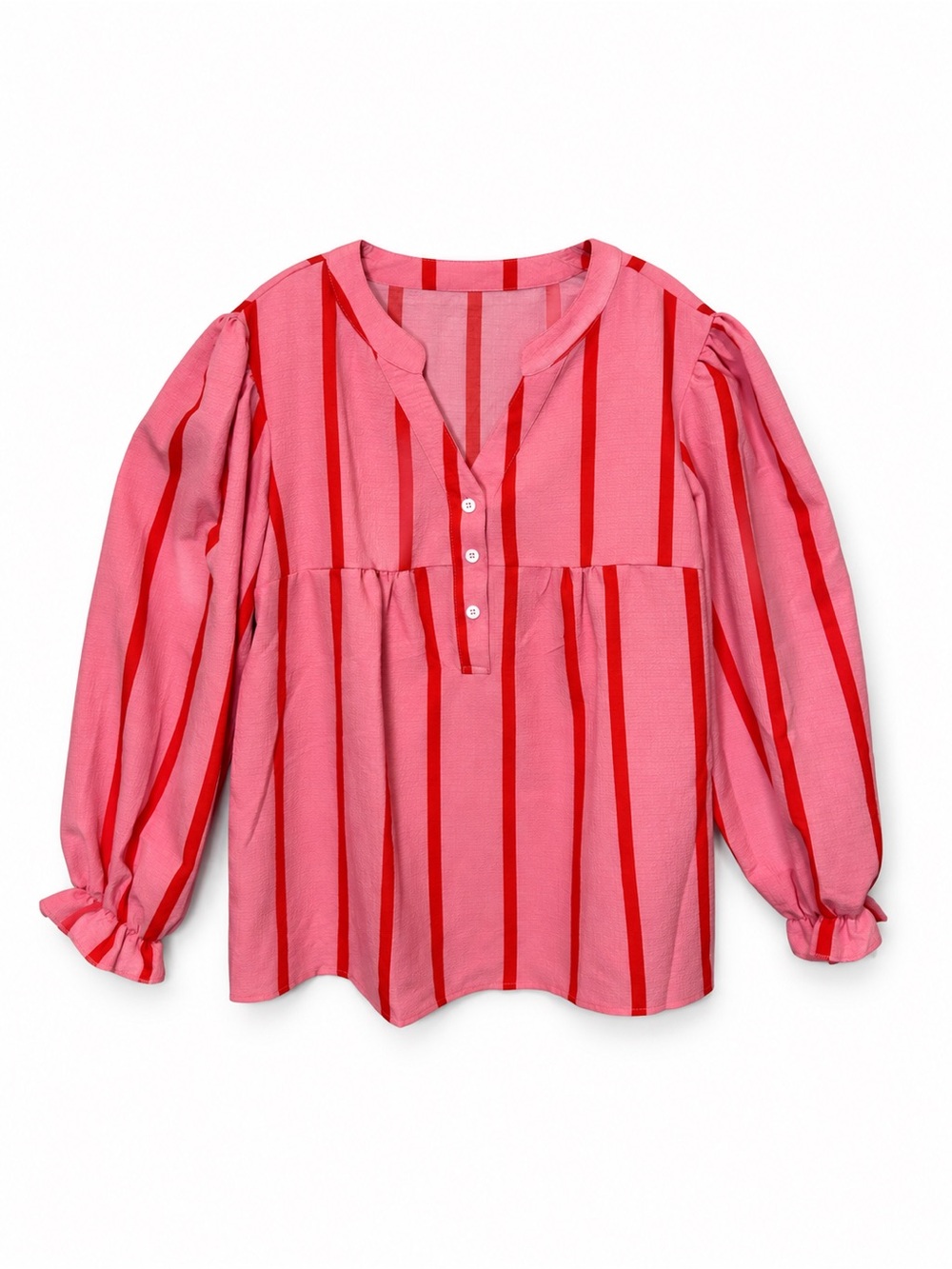 Women’s Pink & Red Striped Babydoll Blouse Puff Sleeves Size Medium